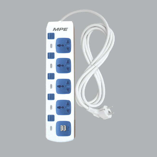 Ổ cắm di động dây 3m 4 ổ cắm đa năng, 2 ổ sạc USB 5Vdc-2.4A MPE AM4S-2USB