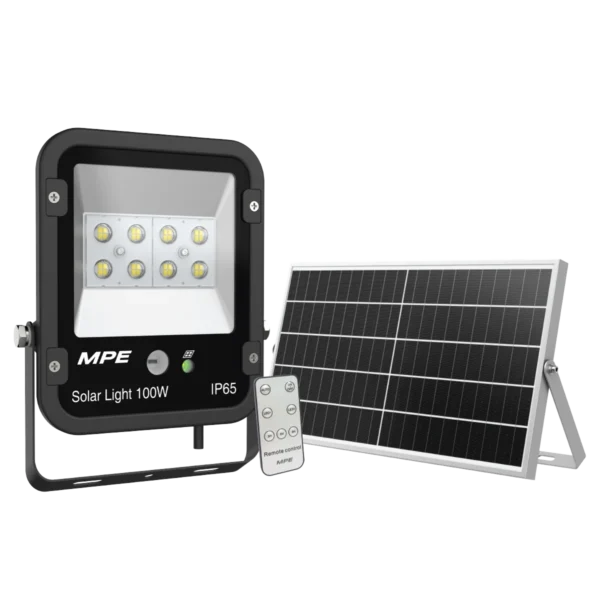 Đèn LED pha năng lượng mặt trời 100W sáng vàng, tấm pin 20Wp MPE SFLD2-100V