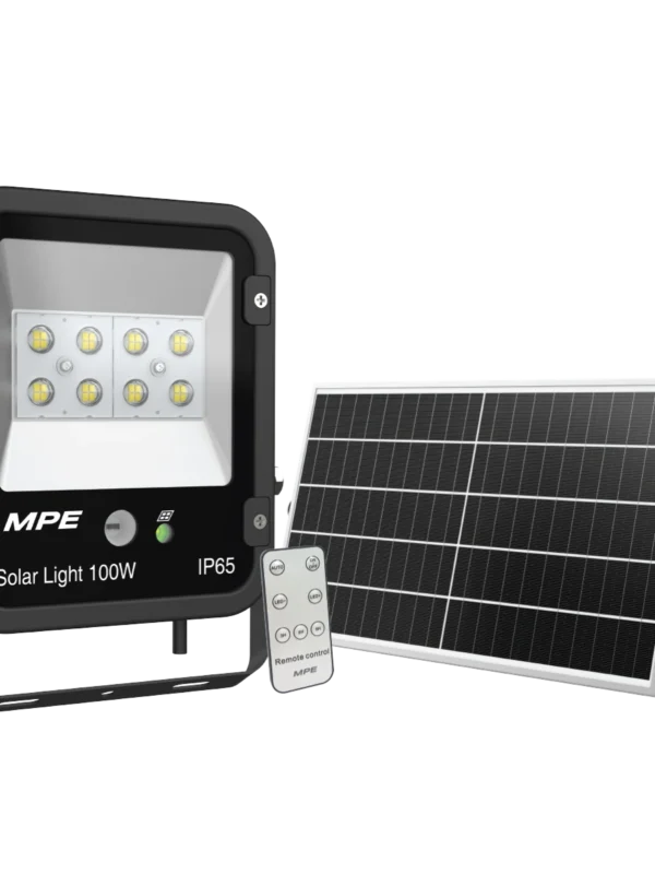 Đèn LED pha năng lượng mặt trời 100W sáng vàng, tấm pin 20Wp MPE SFLD2-100V